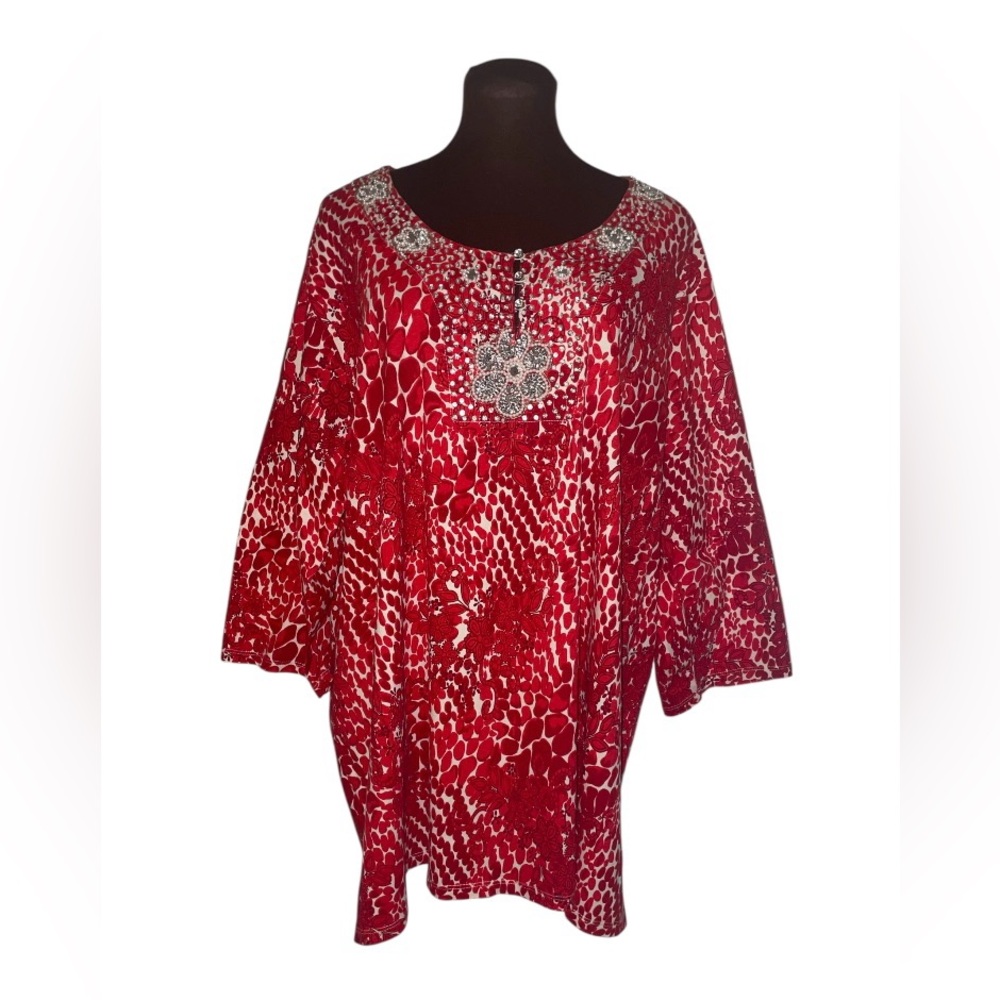 QUACKER FACTORY Red & White Jeweled & Crystals 3/4 Sleeve Top Shirt Blouse 3X